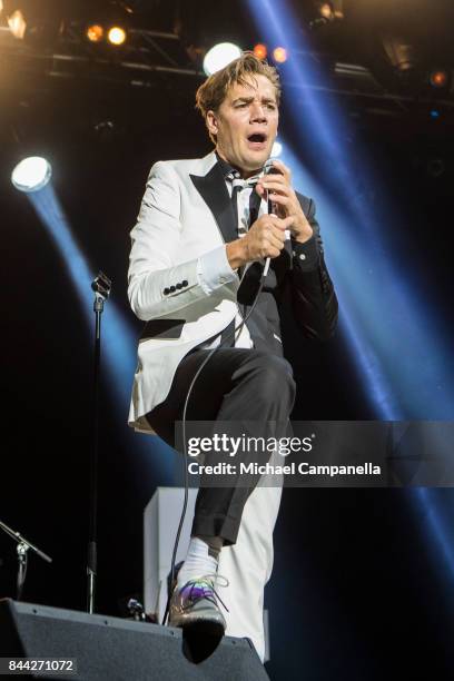 Pelle Almqvist lead singer of the Swedish garage rock band The Hives performs in concert at Grona Lund on September 8, 2017 in Stockholm, Sweden.