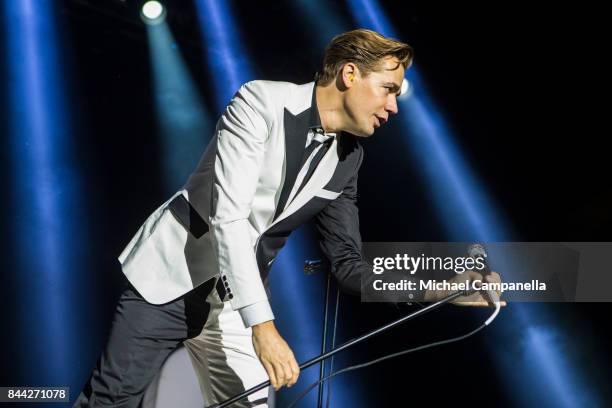 Pelle Almqvist lead singer of the Swedish garage rock band The Hives performs in concert at Grona Lund on September 8, 2017 in Stockholm, Sweden.