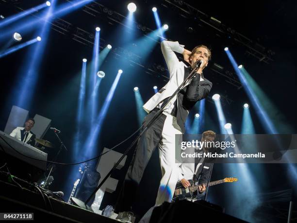 Pelle Almqvist and Niklas Almqvist of the Swedish garage rock band The Hives perform in concert at Grona Lund on September 8, 2017 in Stockholm,...