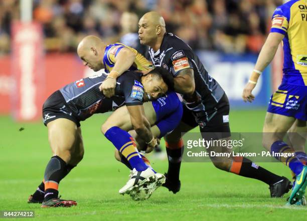 Leeds Rhinos' Carl Ablett is tackled during the Super 8s match at the Mend-A-Hose Jungle, Castleford.
