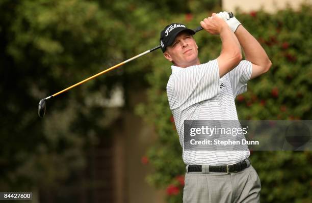 Steve Stricker hits his tee shot on the eighth hole on the Palmer Private course of PGA West during the third round of the Bob Hope Chrysler Classic...