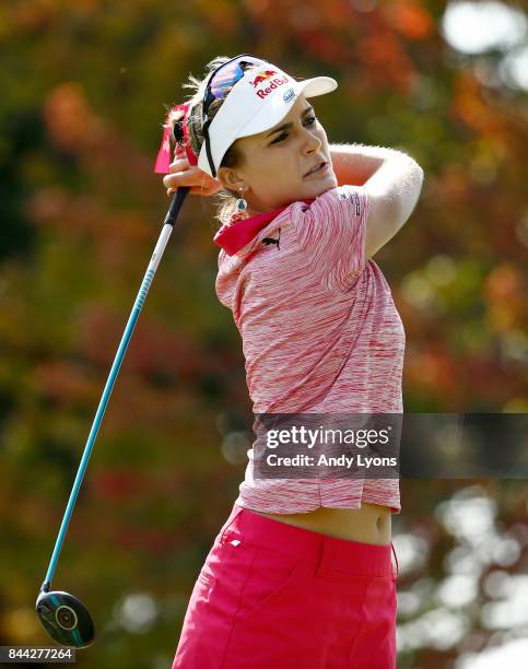 Lexi Thompson hits her tee shot on the 9th hole during the second round of the Indy Women In Tech Championship-Presented By Guggenheim at the...