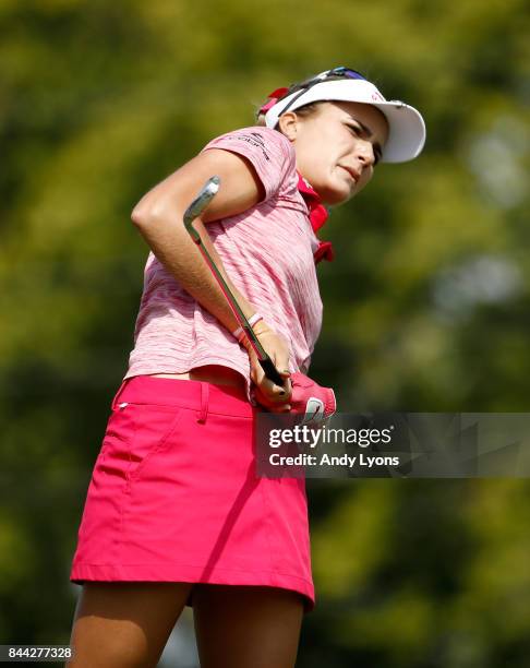 Lexi Thompson hits her tee shot on the 7th hole during the second round of the Indy Women In Tech Championship-Presented By Guggenheim at the...