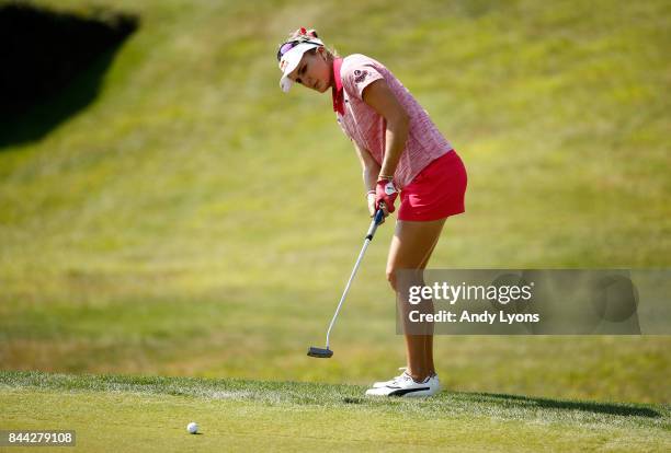 Lexi Thompson putts for birdie on the 7th hole during the second round of the Indy Women In Tech Championship-Presented By Guggenheim at the...