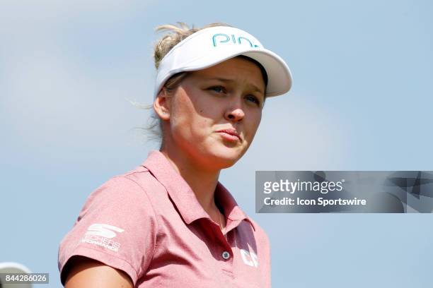 Golfer Brooke Henderson walks the 13th hole during the second round of the Indy Women In Tech on September 8, 2017 at the Brickyard Crossing Golf...