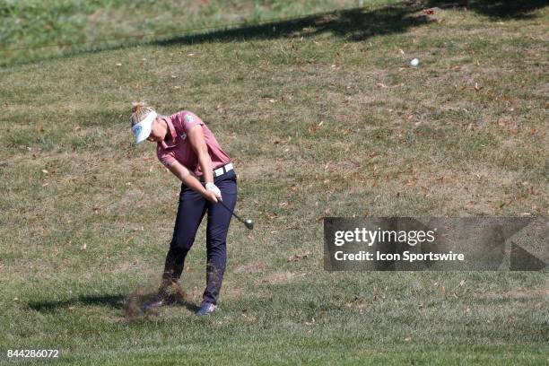 Golfer Brooke Henderson hits a shot out of the rough on the 13th hole during the second round of the Indy Women In Tech on September 8, 2017 at the...