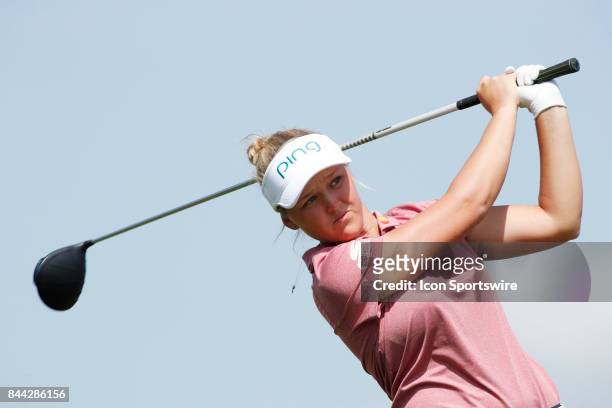 Golfer Brooke Henderson hits her tee shot on the 13th hole during the second round of the Indy Women In Tech on September 8, 2017 at the Brickyard...