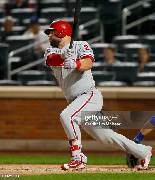 Cameron Rupp of the Philadelphia Phillies in action against the New York Mets at Citi Field on September 6, 2017 in the Flushing neighborhood of the...