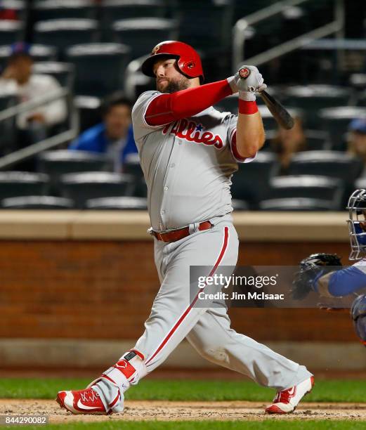 Cameron Rupp of the Philadelphia Phillies in action against the New York Mets at Citi Field on September 6, 2017 in the Flushing neighborhood of the...