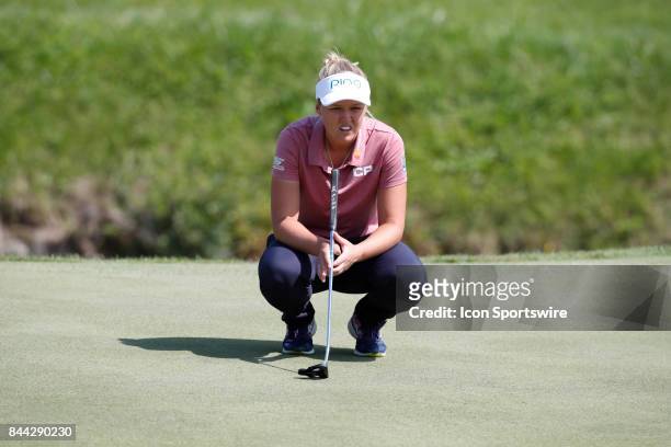 Golfer Brooke Henderson lines up a putt on the 12th hole during the second round of the Indy Women In Tech on September 8, 2017 at the Brickyard...