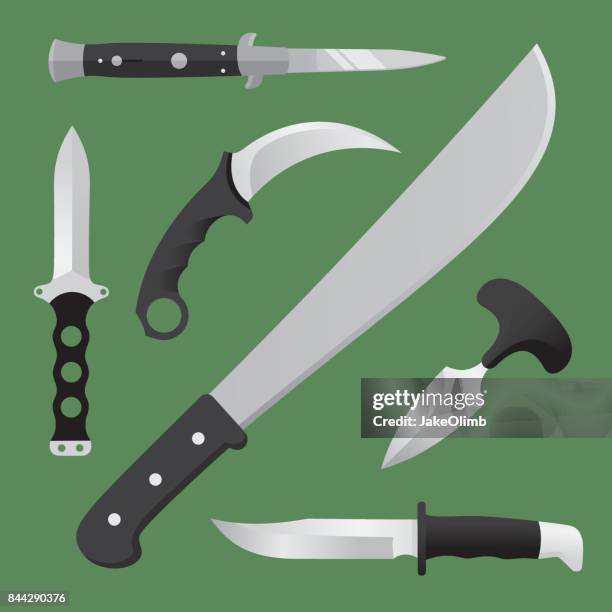 illustrazioni stock, clip art, cartoni animati e icone di tendenza di set piatto coltelli - coltello armi