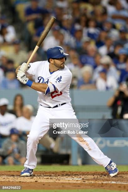 Rob Segedin of the Los Angeles Dodgers bats during the game against the Chicago White Sox at Dodger Stadium on August 16, 2017 in Los Angeles,...