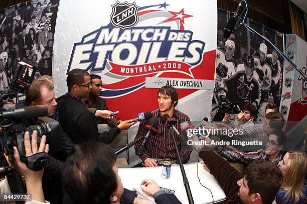 Alex Ovechkin of the Washington Capitals answers questions from the media during the 2009 NHL Live Western/Eastern Conference All-Stars Media...