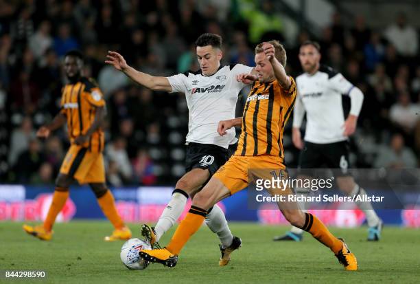 Hull City's Seb Larsson and Derby County's Tom Lawrence during the Sky Bet Championship match between Derby County and Hull City at the Derby...