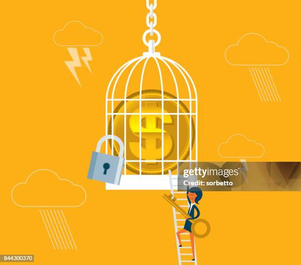 währung in vogelkäfig - geschäftsfrau - käfig stock-grafiken, -clipart, -cartoons und -symbole