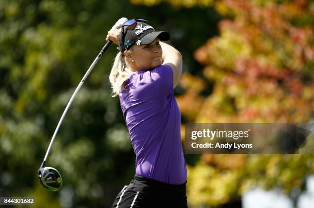 Anna Nordqvist of Sweden hits her tee shot on the 9th hole during the second round of the Indy Women In Tech Championship-Presented By Guggenheim at...