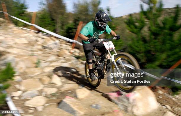 Jesse Beare in action during the mens downhill practice at the 2009 Australian Mountain Bike Championships held at Stromlo Forest Park January 24,...