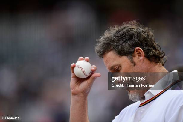 Former closer Joe Nathan for the Minnesota Twins looks on before the game between the Minnesota Twins and the Kansas City Royals on September 1, 2017...