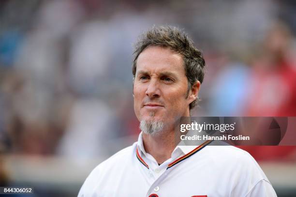 Former closer Joe Nathan for the Minnesota Twins looks on before the game between the Minnesota Twins and the Kansas City Royals on September 1, 2017...