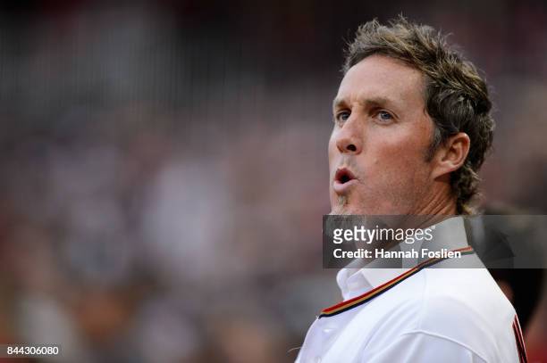 Former closer Joe Nathan for the Minnesota Twins looks on before the game between the Minnesota Twins and the Kansas City Royals on September 1, 2017...