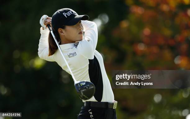 Jennifer Song hits her tee shot on the 9th hole during the second round of the Indy Women In Tech Championship-Presented By Guggenheim at the...