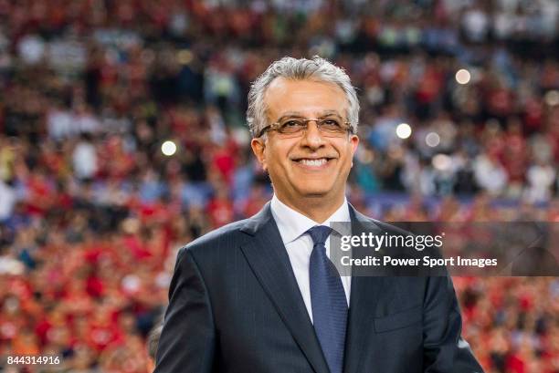 President Shaikh Salman bin Ebrahim Al Khalifa smiles during the AFC Champions League Final Match 2nd Leg match between Guangzhou Evergrande vs Al...