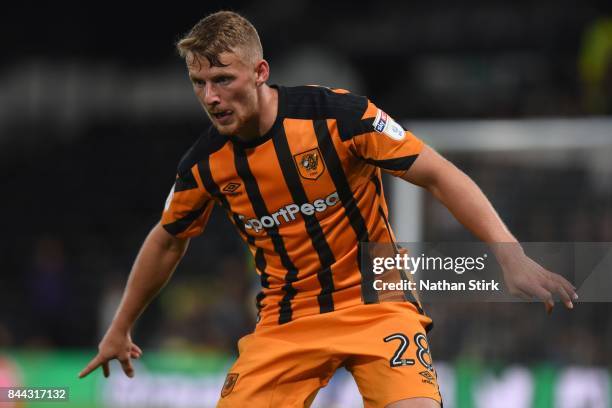 Stephen Kingsley of Hull looks on during the Sky Bet Championship match between Derby County and Hull City at iPro Stadium on September 8, 2017 in...