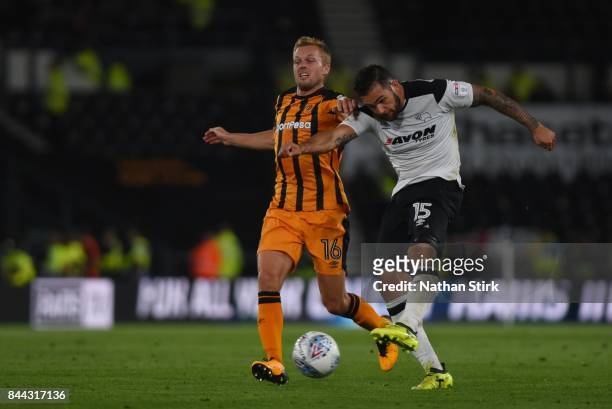 Bradley Johnson of Derby shoots at goal during the Sky Bet Championship match between Derby County and Hull City at iPro Stadium on September 8, 2017...