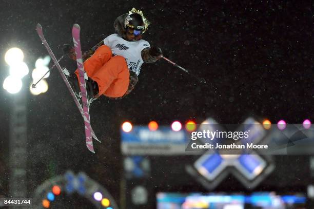 Jess Cumming of Wilton, Connecticut participates in the Women's Skiing Superpipe Final on her way to winning the bronze during Winter X Games 13...