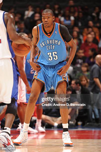 Kevin Durant of the Oklahoma City Thunder looks on during a game against the Los Angeles Clippers at Staples Center on January 23, 2009 in Los...