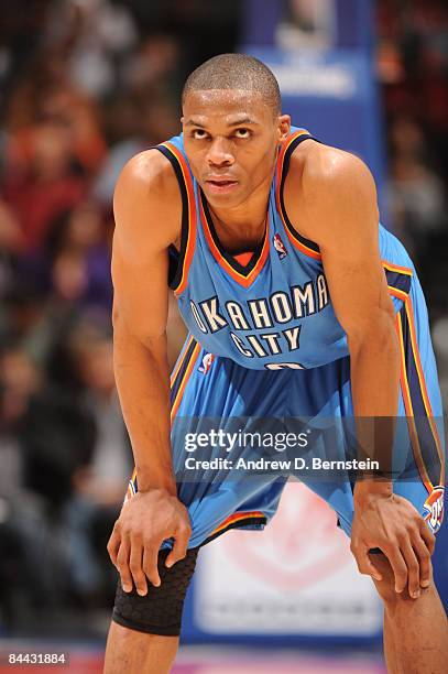 Russell Westbrook of the Oklahoma City Thunder looks on during a game against the Los Angeles Clippers at Staples Center on January 23, 2009 in Los...