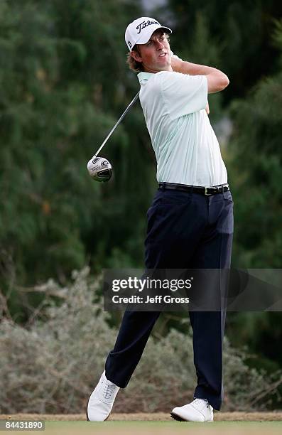 Webb Simpson hits a tee shot on the 16th hole during the third round of the Bob Hope Chrysler Classic at the Nicklaus Course at PGA West on January...