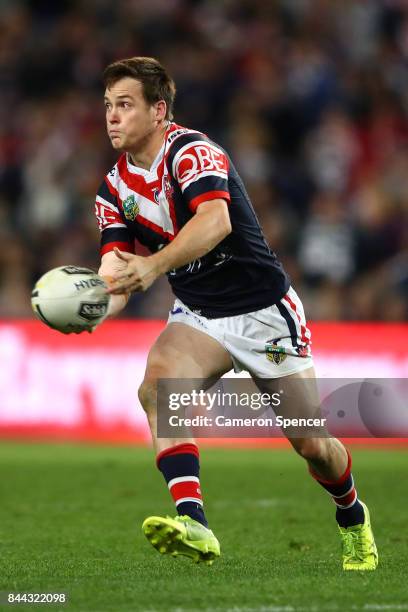 Luke Keary of the Roosters passes during the NRL Qualifying Final match between the Sydney Roosters and the Brisbane Broncos at Allianz Stadium on...