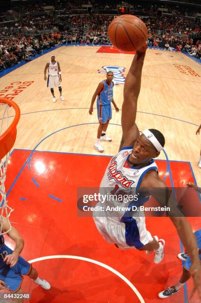 Al Thornton of the Los Angeles Clippers goes up for a dunk during a game against the Oklahoma City Thunder at Staples Center on January 23, 2009 in...