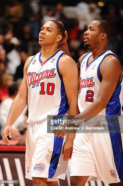 Eric Gordon and Fred Jones of the Los Angeles Clippers walk off the court following their team's victory over the Oklahoma City Thunder at Staples...