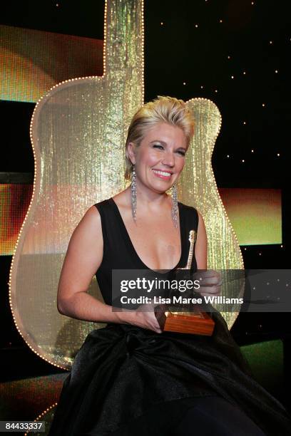 Australian country musician Melinda Schneider wins Vocal Collaboration of the Year with Paul Kelly at the 37th CMAA Country Music Awards at the...