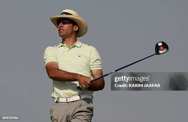 Spain's Alvaro Quiros plays a shot during the third round of the 2.5-million-dollar Qatar Masters tournament at the Doha Golf Club on January 24,...