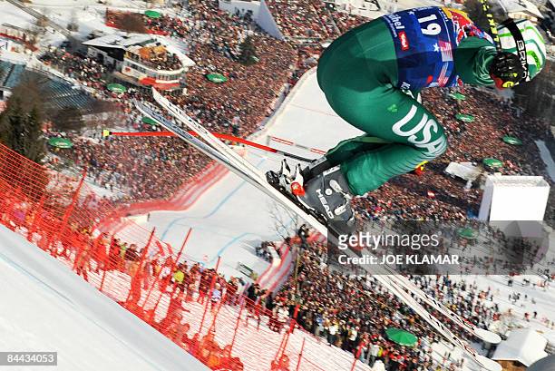 Bode Miller skis in the famous Hahnenkamm downhill during the men's World cup downhill in Kitzbuhel on January 24, 2009. Switzerland's Didier Defago...