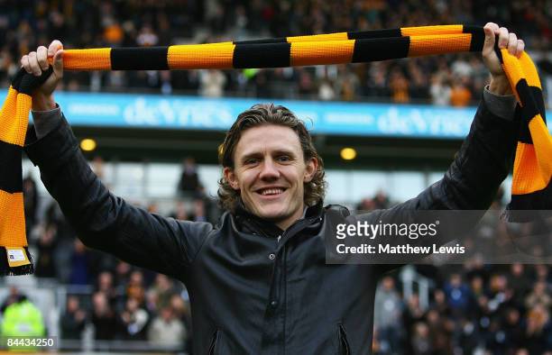 Hull City's new signing Jimmy Bullard is unveilled to fans ahead of the FA Cup sponsored by E.on Fourth Round match between Hull City and Millwall at...