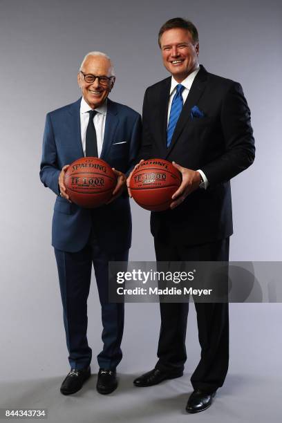 Naismith Memorial Basketball Hall of Famer Larry Brown poses with Class of 2017 enshrinee Bill Self at the Naismith Memorial Basketball Hall of Fame...