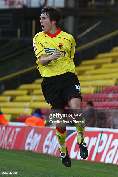 Jack Cork of Watford celebrates after he scored his teams second goal during the FA Cup 4th Round match between Watford and Crystal Palace at...