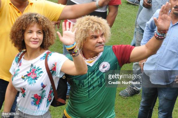 Former Colombian footballer Carlos Valderrama and his wife Elvira Redondo visit Eden Gardens Cricket stadium ,Colombian former World Cup footballer...