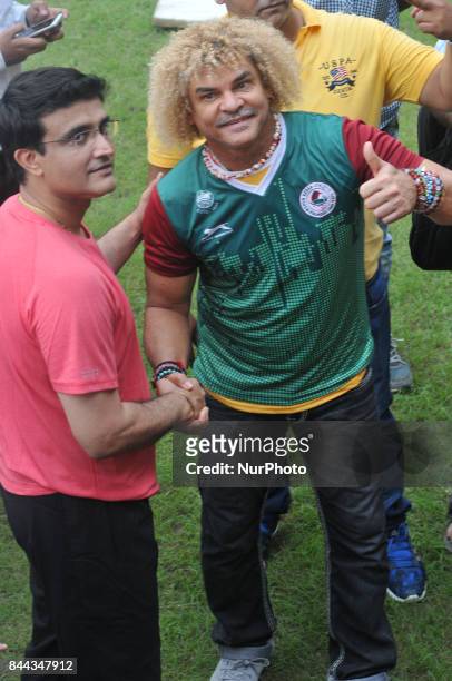Colombian former footballer Carlos Valderrama meet to Indian Cricket team former captain and CAB President Sourav Ganguly at Eden Gardens Cricket...