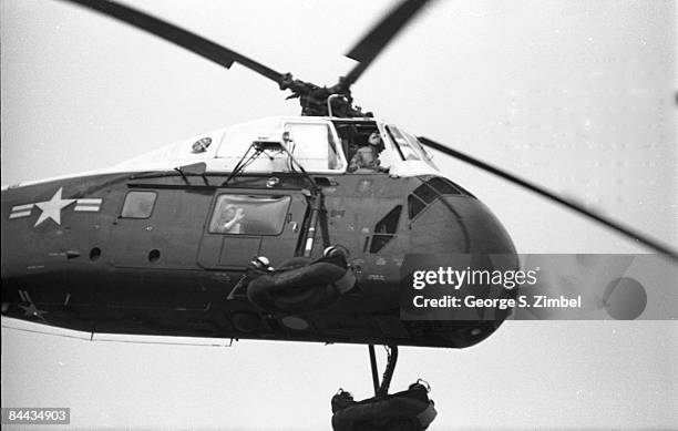 Thelma Catherine 'Pat' Ryan Nixon, wife of then Vice-President Richard Nixon, waves from a Sikorsky Choctaw military helicopter while visiting in New...