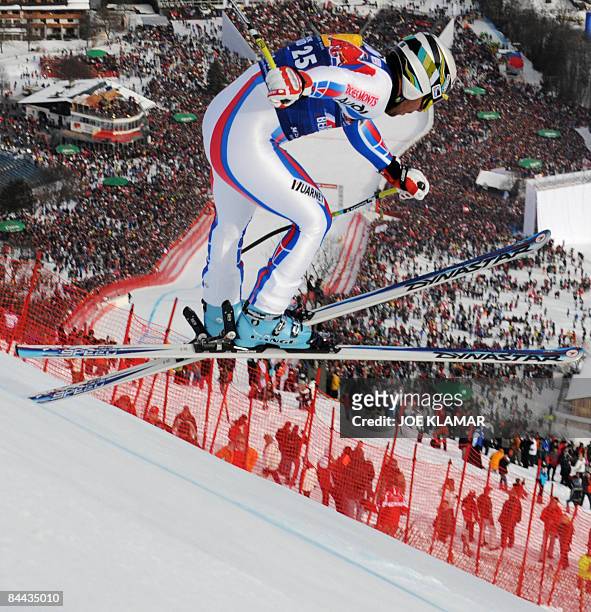 France's Yannick Bertrand competes in the famous Hahnenkamm downhill during the FIS ski World cup in Kitzbuhel on January 24, 2009. Switzerland's...