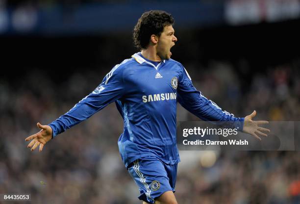 Michael Ballack of Chelsea celebrates after scoring a free kick during the FA Cup Sponsored by E.on fourth round match between Chelsea and Ipswich...