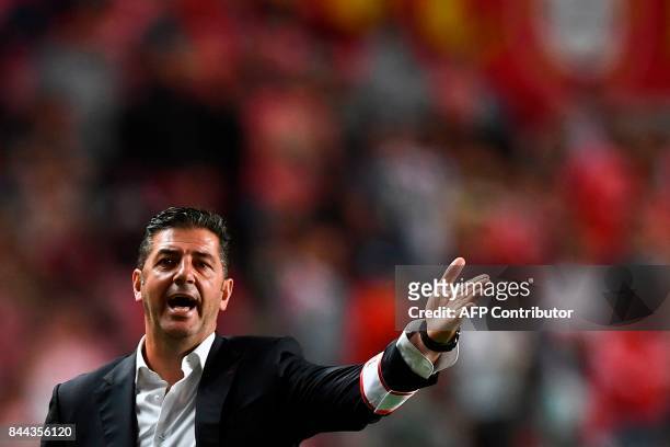 Benfica's head coach Rui Vitoria gestures from the sideline during the Portuguese league football match SL Benfica vs Portimonense SAD at the Luz...
