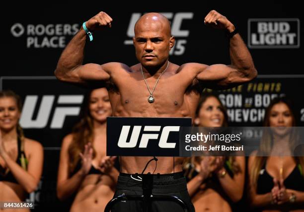 Wilson Reis of Brazil poses on the scale during the UFC 215 weigh-in inside the Rogers Place on September 8, 2017 in Edmonton, Alberta, Canada.