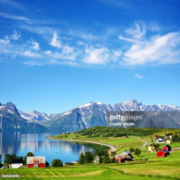 djupvik dorp, noorwegen - fjord stockfoto's en -beelden