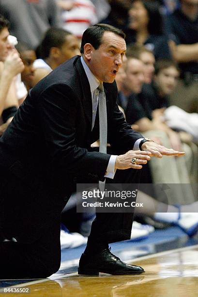 Head Coach Mike Krzyzewski of Duke Blue Devils gestures from the sideline during the game against the Georgetown Hoyas on January 17, 2009 at Cameron...